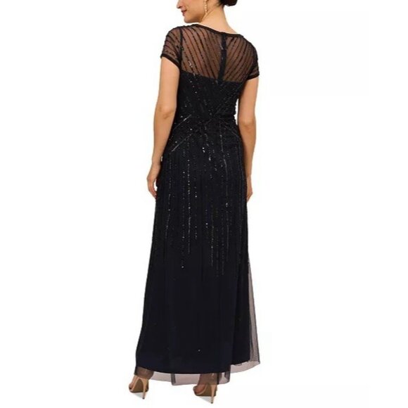 Adrianna Papell Womens Size 2 Navy Beaded V Neck Formal Gown Cocktail Dress NWT - Picture 2 of 12